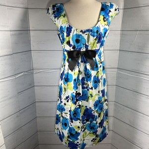 Maggy London Floral Shift Dress Bow Tie Cap Sleeve Cotton Lined Blue Size 8